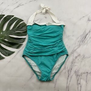 Lauren Ralph Lauren Womens One Piece Swimsuit Size 8 Blue White Halter Ruched